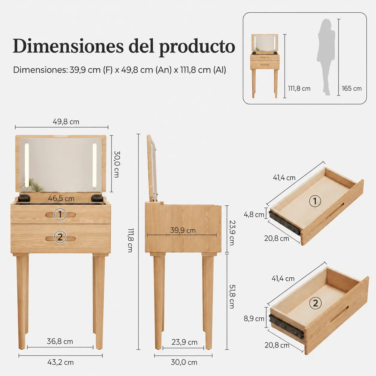 Tocador estrecho MILWOOD con espejo LED — vista 5